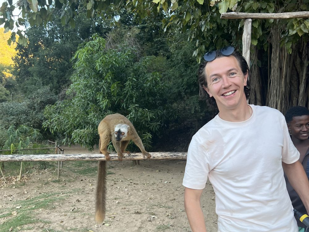 A traveller beside a lemur perched on a rail in the forest