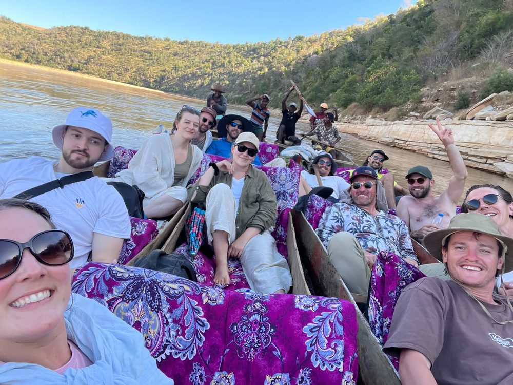 The group spread across pirogues on the Tsiribihina River