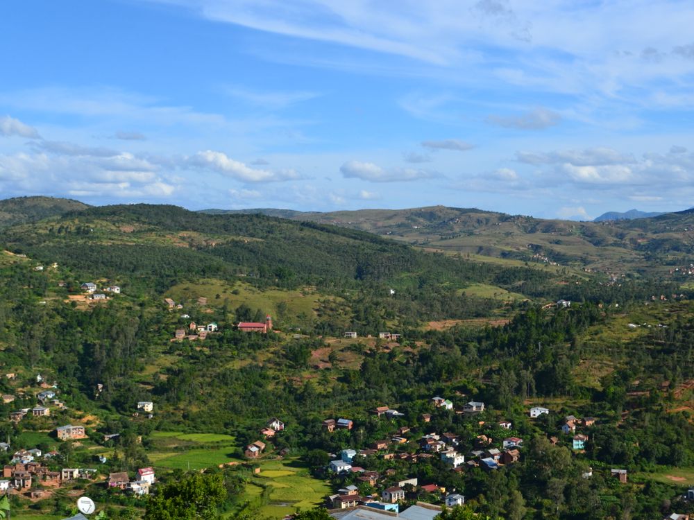 Villages and terraced farmland across the rolling highlands near Fianarantsoa, Madagascar
